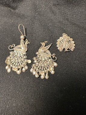 Israeli 800 Silver Peacock Earrings and Pendant